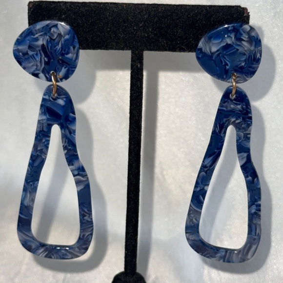 Abstract Blue Geometric Dangle Earrings Marbled Swirl Navy Abstract Dangle 3” - Picture 5 of 11